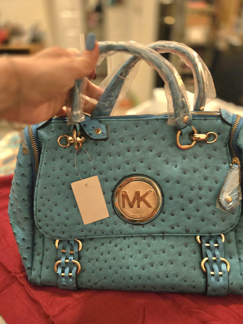 Michael Kors Turquoise Ostrich-Texture Satchel with Gold Hardware